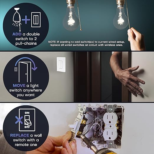 RunLessWire Fan & Light Battery-Free DIY Wireless Light Switch Kit 150ftRF Range Kinetic for Bathrooms & Ceiling Fans: 1 Dual Remote Switch Controls 2 5A On/Off Receivers Separately – Gray