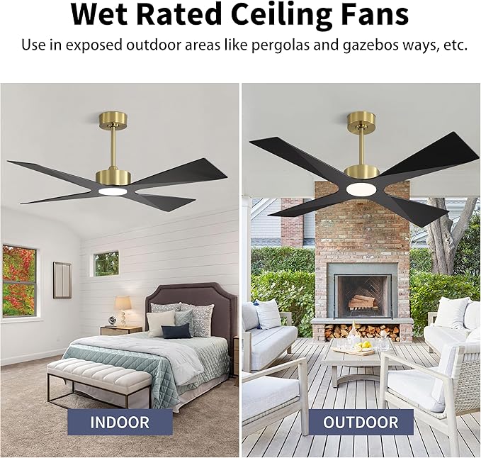 WINGBO 64" Wet Rated Outdoor Ceiling Fan with Lights, 4 ABS Plastic Blades, Reversible DC Motor, 6-Speed Remote Control, 3 CCT, Waterproof Ceiling Fan for Patio Porch Gazebo Garage, Brass and Black