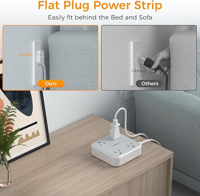 Surge Protector Power Strip, TESSAN 5 ft Extension Cord Flat Plug with 4 Widely Outlets, Indoor Desk Charging Station with Surge Protection for Home, Office Supplies, Dorm Room Essentials