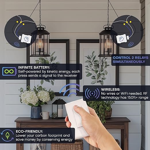 RunLessWire 2 Fixture Battery-Free DIY Kinetic Wireless Light Switch Kit 150ft RF Range for Different Fixtures or Outlets: 1 Remote Switch Controls 2 5A On/Off Receivers Simultaneously – Light Almond