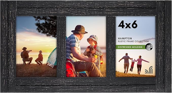 Americanflat Hinged 4x6 Triple Picture Frame with 3 Photo Openings and Polished Glass - Distressed Wood Collage Picture Frames for Tabletop and Wall Display - Hampton Collection - Charcoal Black
