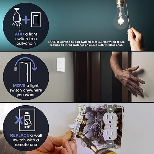 RunLessWire Single Pole Battery-Free DIY Wireless Light Switch Kit 150ft RF Range Self-Powered by Kinetic Energy for Fixtures & Outlets : 1 Remote Switch Controls 1 5A On/Off Receiver – Gray