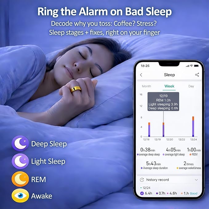 Smart Ring Health & Fitness Tracker for Men & Women, Heart Rate, SPO₂, Sleep & Activity Monitoring, IP68 Waterproof, Long Battery Life, Family Care Mode, No Subscription Fee (Gold, 7)