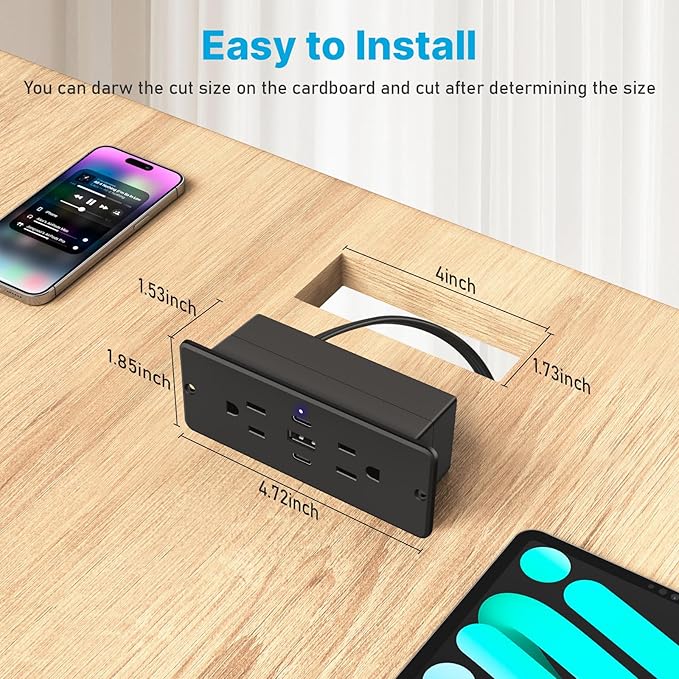 CCCEI Recessed Power Strip with Outlet and USB C Ports, Furniture Flush Mount Power Strip, Small Desk Hidden Outlet for Conference Table, Nightstand, Black, 6FT.