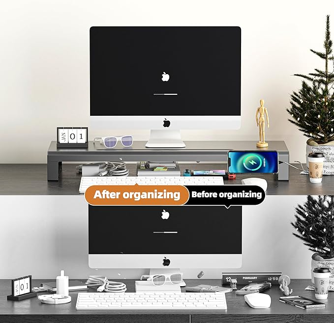 GECKOSTROLL Computer monitor stand Laptop Desk Shelf & Monitor Riser ，27.55 inches,22W charging , 2 USB 3.0 , and 1 USB 2.0， Monitors/PC/Laptop/Computer Space Saver Organizer ，Heavy Duty Gift Gaming Studio Office (USB Hub Fast Charging Version, 700mm)