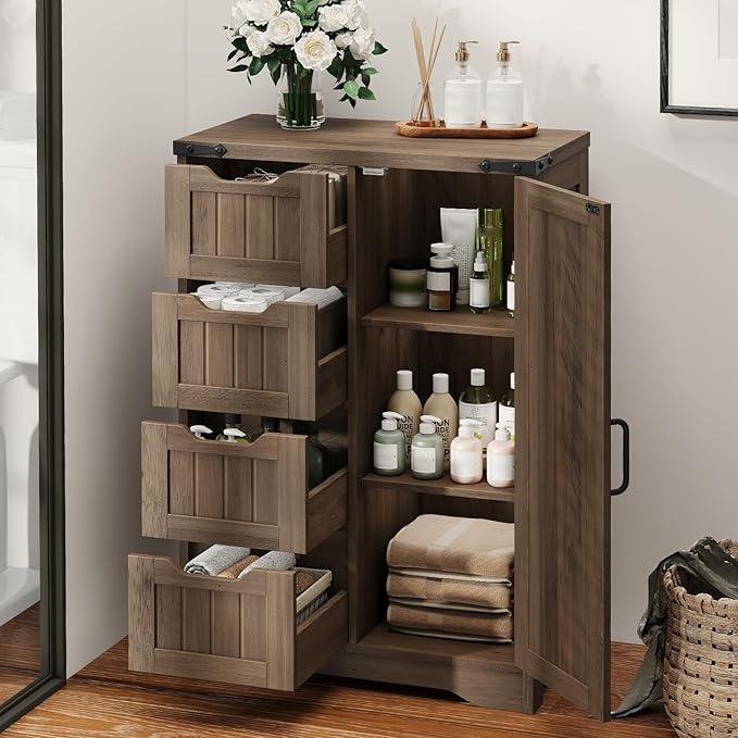 Vabches Farmhouse Bathroom Cabinet, Freestanding Storage Cabinet with 4 Drawers and 1 Door, Rustic Storage Organizer with Adjustable Shelf for Bathroom, Living Room, Entryway, Grey