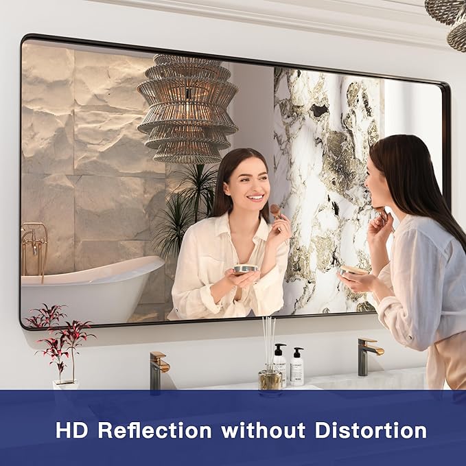 ISKM Black Framed Mirror for Wall 72"x 40", Large Bathroom Mirror Anti-Rust, Tempered Glass, Rounded Rectangle Mirror(Horizontal/Vertical)