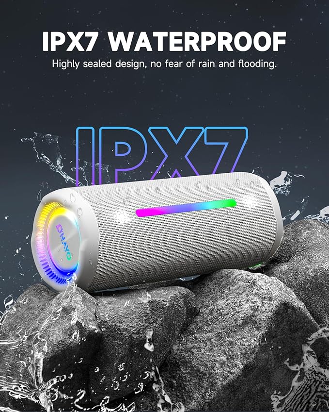 OHAYO Bluetooth Speaker, Portable Wireless, IPX7 Waterproof, Powerful 25W Sound, 24H Playtime, Dual Pairing, Active Bass, Colorful Lights, Bluetooth 5.3, Outdoor Speakers for Home/Party/Beach, White