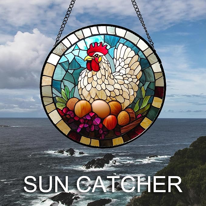 DASTOLL Stained Glass Window Hanging White Chicken Hatching Eggs 7.8" - Suncatcher Door Garden Sunroom Sun Catcher Home Decor Birthday Christmas for Mom Men Woman Nana