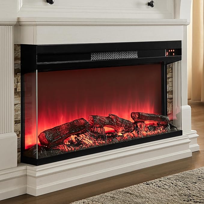 OKD 52 Inch Electric Fireplace with Mantel, Fireplace TV Stand with 36" 3-Sided Glass Electric Fireplace Heater for Living Room (Antique White)