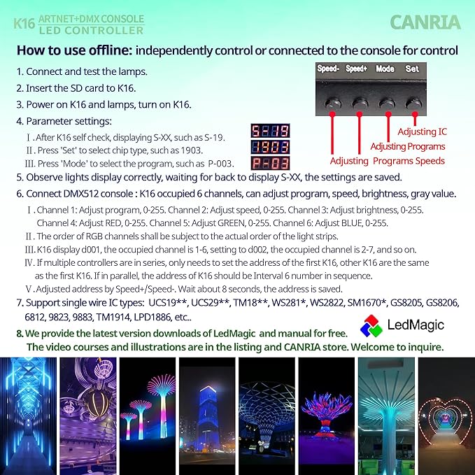 CANRIA K16 ARTNET+DMX CONSOLE LED CONTROLLER, Professional Lighting Control, Suitable for SPI TTL, Online Offline, Addressable Programmable, Perfect for Concerts, DJ Performances, Weddings, Event, etc