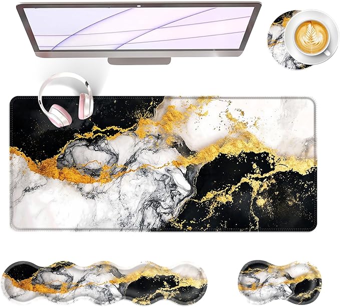 BFUKVOU Large Keyboard Mouse Pad Set, Extended Mouse Pad+Keyboard Wrist Rest Support, Memory Foam Ergonomic Easy Typing, 4Pcs (31.5×11.8 in) Desk Pad Set for Office Home,Black and White Gold Marble