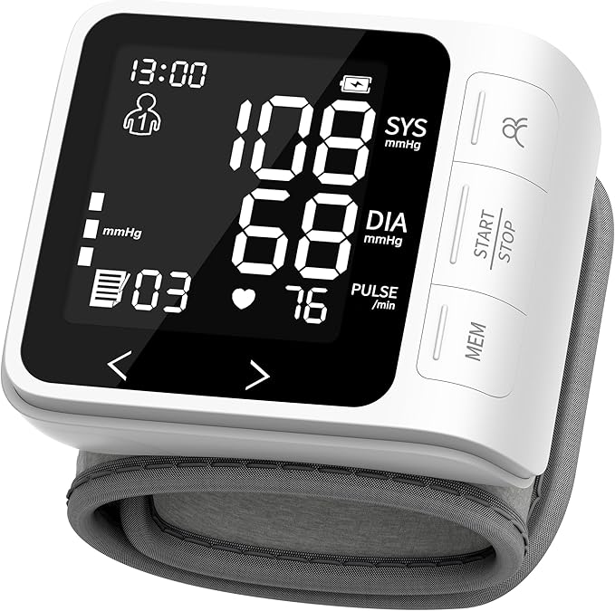 VivaGuard Wrist Blood Pressure Monitor for Home Use, LCD Backlit Dispaly BP Machine Automatic Digital Wrist Blood Pressure Cuff with Heartbeat Detector, 2 * 99 Memory, Carrying Case, 2 AAA Batteries