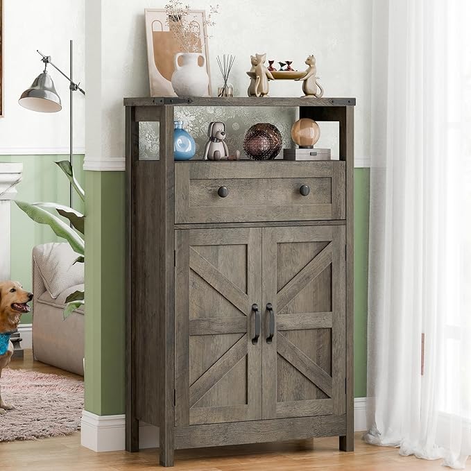 Farmhouse Bathroom Storage Cabinet with Barn Doors, Bathroom Storage Organizer with Drawers, Rustic Freestanding Floor Cabinet for Kitchen, Living Room, Grey