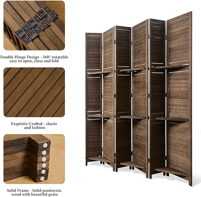Partition Room Dividers, Folding Wood Privacy Screen with Three Display Shelves Suitable for Home Office, Study, Art Display - 6 Panel, 67 * 77inch (Brown)