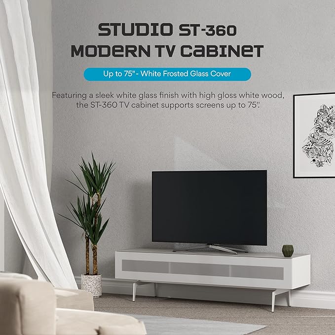 SONOROUS ST-360 Premium TV Stand for Living Room – Modern TV Stands & Entertainment Center with Storage – White Wood & White Glass Cover – Luxury Media Console with Metal Legs for TVs up to 75 inches