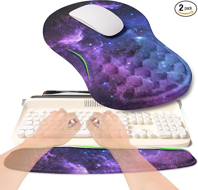 KUOSGM 2-in-1 Ergonomic Set, Wave Rise Keyboard Wrist Rest and Massage Bulge Slope Mouse Pad Wrist Support, Cushion Memory Foam Integrated to Relieve Wrist Pain, Galaxy