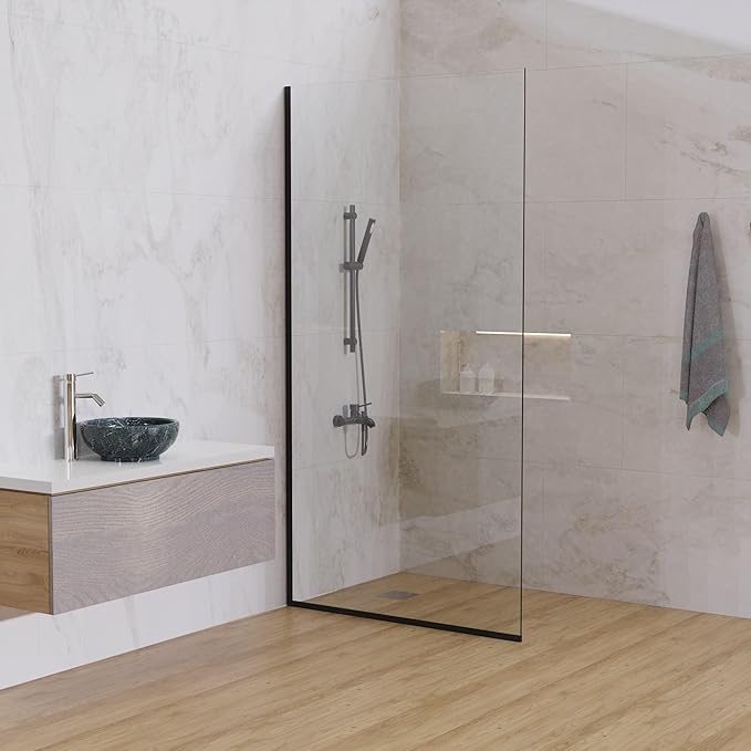 Royalty Fixed Shower Screen - 30" x 60" Frameless 3/8" Clear Tempered Glass Panel with Hardware - Easy Clean Smart Guard Coating - Minimalist Modern Design for Bathroom - Matte Black