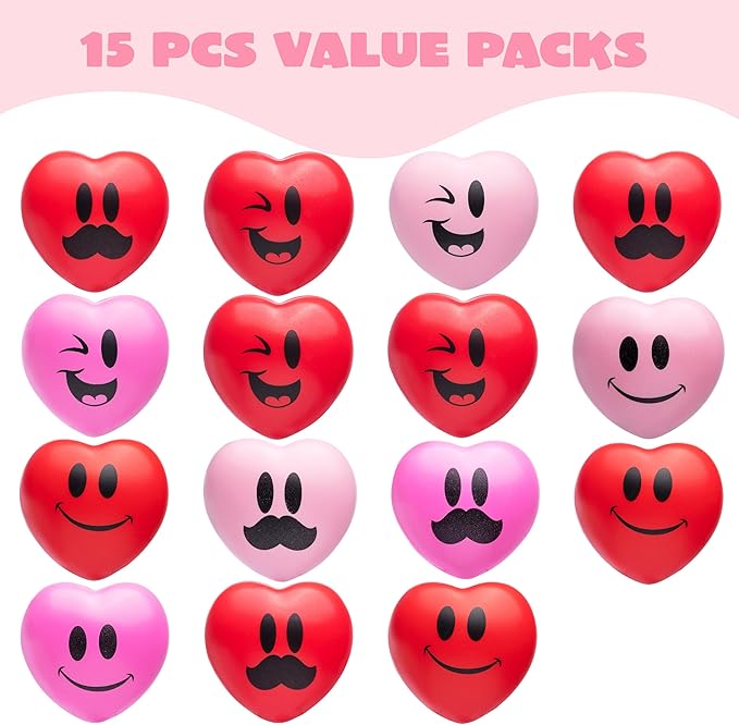 JOYIN 15 Pcs Valentines Day 3 inch Heart Stress Balls Stress Relief Heart Shaped Stress Ball Squishy Toys for Kids and Adults Party Favors, Valentines Day Gifts