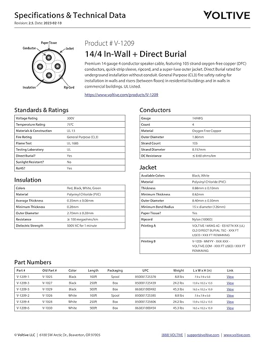 Voltive 14/4 Speaker Wire, in-Wall CL3 & Direct Burial, White, 100ft - 14AWG, 4 Conductors, Stranded Oxygen-Free Copper, UL Listed - V-1209-2
