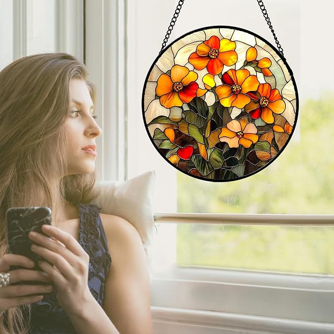 CRISGIF Stained Glass Window Hanging - Orange Marigolds Flowers Suncatcher for Door Garden Yard Sun Catchers Decor Christmas Mother's Day Birthday Gifts for Women Mom Nana Girlfriend Men 6.3 in