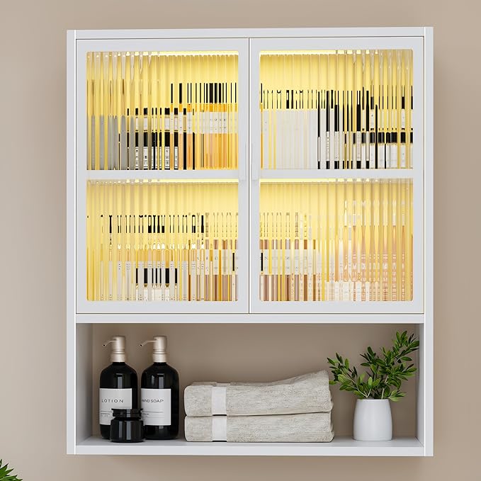 Wall Mounted Bathroom Cabinet with Glass Doors, Metal Over Toilet Storage Cabinets with Open Shelves, Medicine Cabinets for Bathroom, Living Room, Bedroom, White