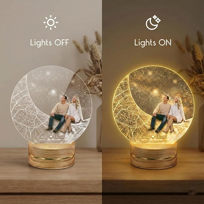 MamaEra Valentine’s Day Gift 2026 - Personalized Map Night Light with Photo & Coordinates – Custom Acrylic Moon Lamp with Wooden Base, Remote Control – Romantic Gift for Couples, Anniversary