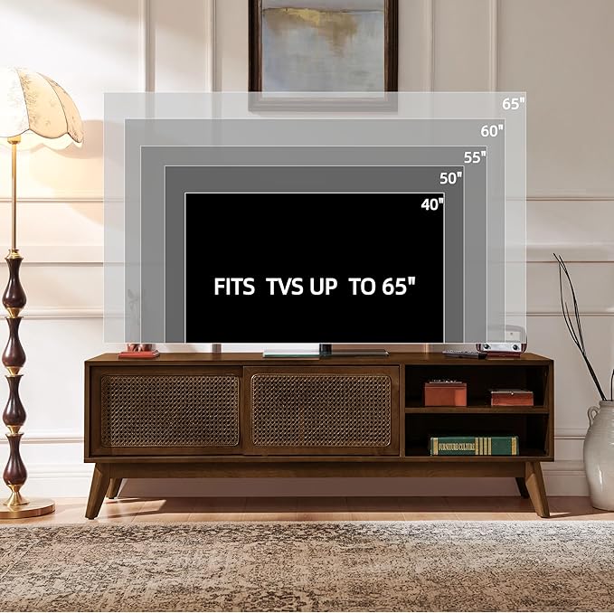 LKTART TV Stand for TVs up to 65'',Mid Century Modern Entertainment Center with Rattan Sliding Door,Boho Media Console for Living Room(Dark Walnut, 59")