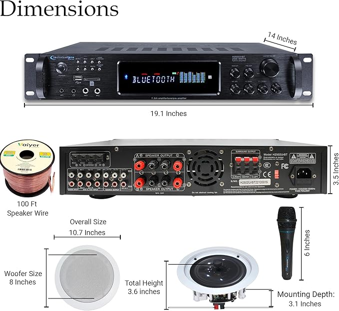 Home Stereo System Kit – 7.2 Channel 2500 W Bluetooth Amplifier w/ 4 Qty of 8” Framed Ceiling Speakers 300 W Each, Mic, 200 ft Speaker Wire & Remote Ideal for Home, Office, Restaurant by Vaiyer