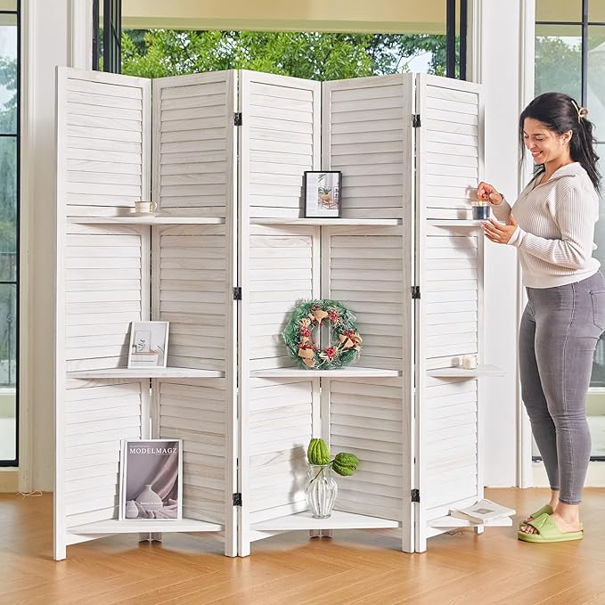 Partition Room Dividers, Folding Wood Privacy Screen with Three Display Shelves Suitable for Home Office, Study, Art Display - 5 Panel, 67 * 64inch (White-Washed)