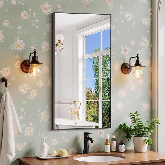 Black Bathroom Mirror for Wall, 20x40 Inch Rectangle Mirror with Metal Frame, Modern Vanity Mirrors for Bathroom Living Room, Entryway Hangs Horizontal or Vertical