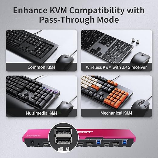 TESmart USB 3.0 DisplayPort + HDMI KVM Switch 2 Monitors 2 Computers 4K@60Hz, Dual Monitor KVM Switch 2 Port Extended Display, EDID Emulators, Headset, Hotkey Switch, Button Switch with All Cables