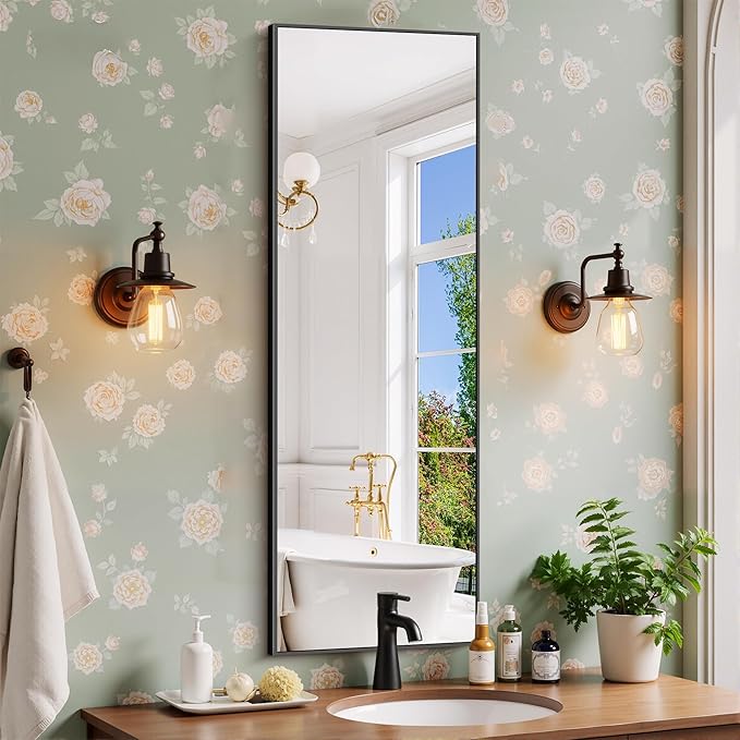 Black Bathroom Mirror for Wall, 16x48 Inch Rectangle Mirror with Metal Frame, Modern Vanity Mirrors for Bathroom Living Room, Entryway Hangs Horizontal or Vertical