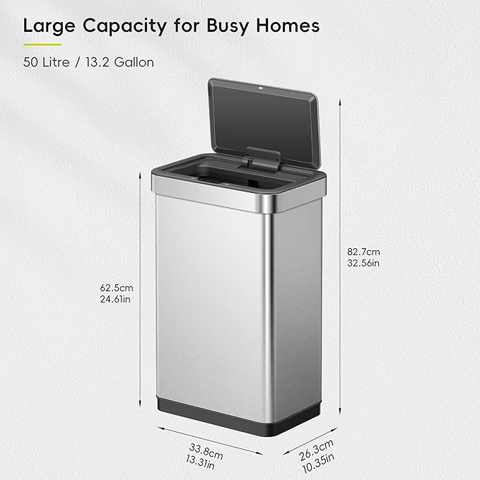 EKO EcoNova 13.2 Gallon/ 50L Automatic Sensor Kitchen Trash Can, Stainless Steel Touchless Garbage Bin with Soft-Close &Stay-Open Lid, Fingerprint-Resistant