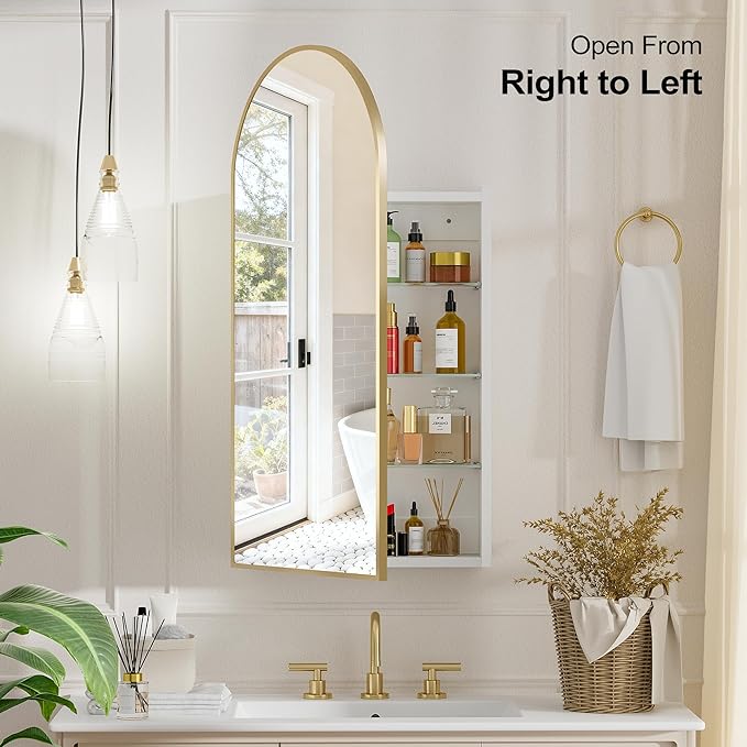 Arched Medicine Cabinet with Mirror,Brushed Gold Medicine Cabinet with Storage ,Gold Bathroom Vanity Mirror Cabinet ,Wall Mounted Only,Mirrored Medicine Cabinets for Bathroom, Laundry Room,16x32 Inch