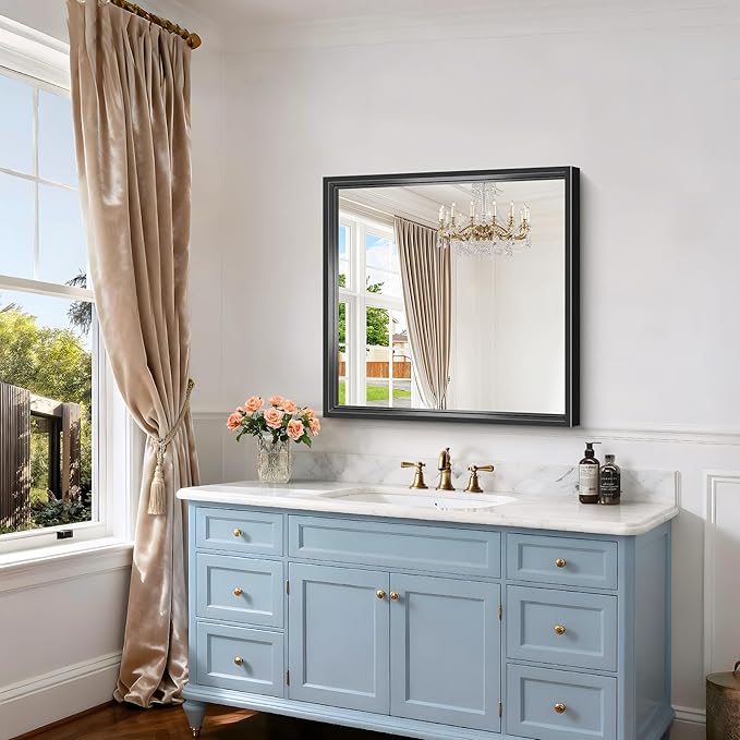 Black Bathroom Mirror, 30x30 Square Mirrors for Wall, 0.6" Thickened Deep Frame, Brushed Black Rectangle Mirrors for Over Sink, Shatterproof Tempered Glass, Antirust, Horizontally or Vertically