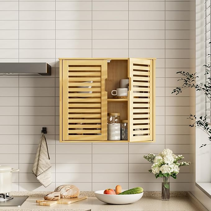 HITNET Bathroom Wall Cabinet, Medicine Cabinet Over The Toilet, Bamboo Hanging Storage Organizer with 2 Doors and Adjustable Shelf for Kitchen, Living Room, Natural