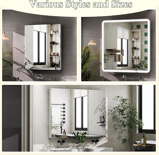 LED Bathroom Medicine Cabinet with Mirror, 36 Inch x 32 Inch Bathroom Mirror Cabinet with Door & Adjustable Shelves, Surface Mount or Recess Installation
