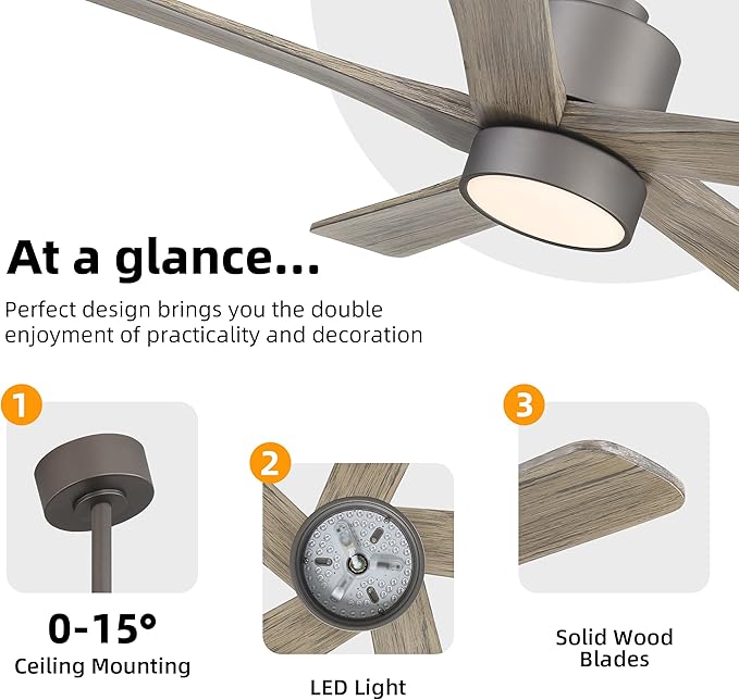 WINGBO 48 Inch DC Ceiling Fan with Lights and Remote Control, 5 Carved Solid Wood Blades, 6-Speed Noiseless Reversible DC Motor, Indoor Ceiling Fan in Graphite Finish with Gray Blades