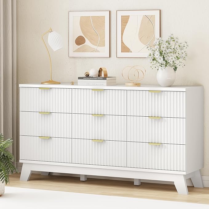 Xixini Fluted Dresser for Bedroom with 9 Drawers, 57" Wide Modern Chest of Drawers with Metal Handle, Wooden Dresser TV Stand, Wood Closet Clothes Storage Organizer for Living Room, Hallway, White