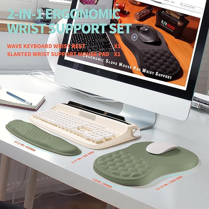 KUOSGM 2-in-1 Ergonomic Set, Wave Rise Keyboard Wrist Rest and Massage Bulge Slope Mouse Pad Wrist Support, Cushion Memory Foam Integrated to Relieve Wrist Pain, Olive Green