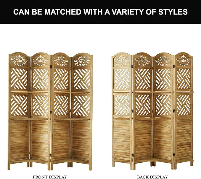 Svimi Room Divider with Shelves, 68.9inch Wood Carved and Louvered Wall Divider Freestanding, 4 Panels Folding Partition Screen for Bedroom Home Office (Natural)