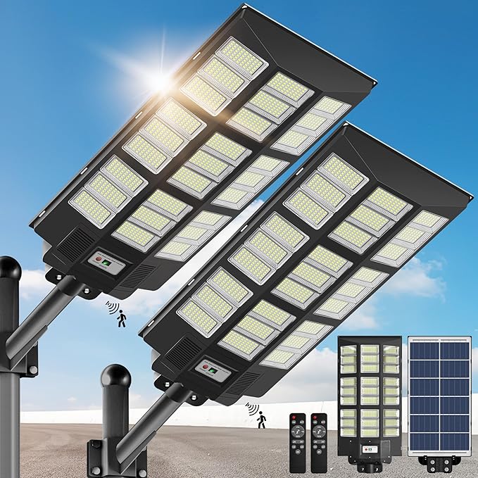 OKPRO 10000W Solar Street Lights Outdoor - Solar Lights Outdoor Waterproof Motion Sensor, Solar Parking Lot Lights Commercial Dusk to Dawn, LED Street Light Solar Powered for Outside, Yard(2 Pack)