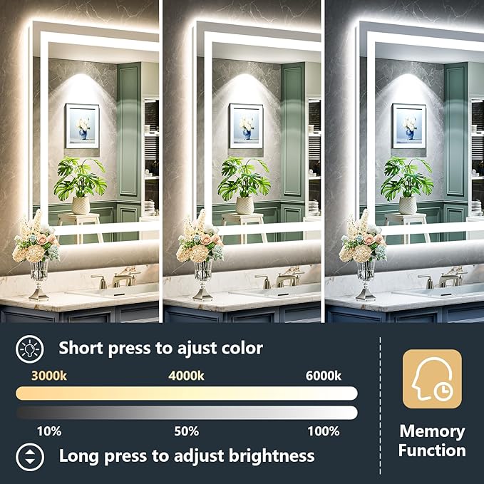 YEELAIT 20x28 Inch LED Bathroom Mirror with Lights Front and Backlit Lighted Vanity Mirror for Bathroom Wall with 3 Colors Dimmable Anti-Fog Memory Shatter-Proof IP54 Waterproof Horizontal/Vertical