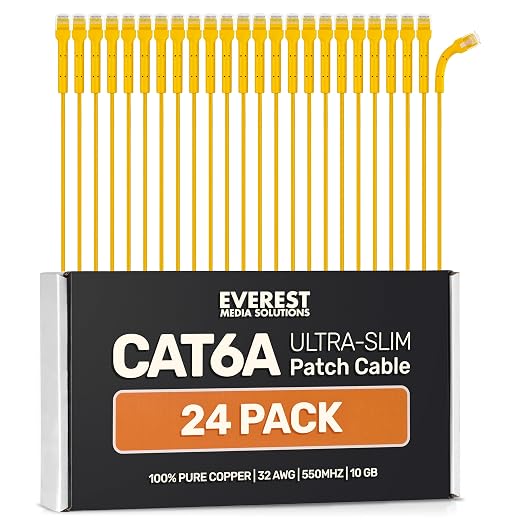 Everest Ultra Slim Cat6a Ethernet Patch Cables 2ft Yellow by EverestMediaSolutions