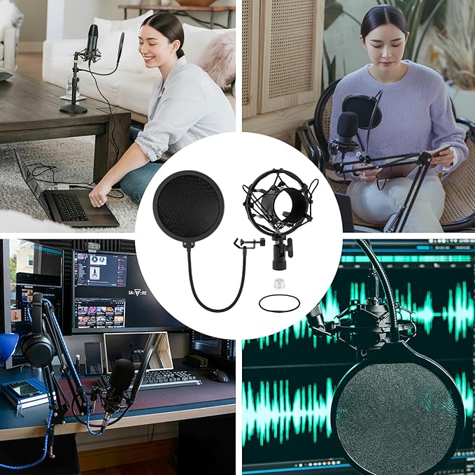 Anti-vibration Microphone Shock Mount for 46mm-50mm Condenser Microphones with Pop Filter for Broadcasting Studio Music Recording, Wind Pop Screen Flexible 360 Degree Gooseneck Clip Arm