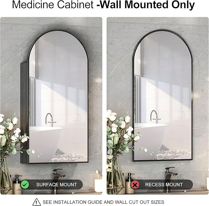 Black Arched Medicine Cabinets with Mirror,Bathroom Mirror Cabinet with Storage,Brushed Black Arch Medicine Cabinet Surface Mount Only,Right Hinges,16 x32 Inch