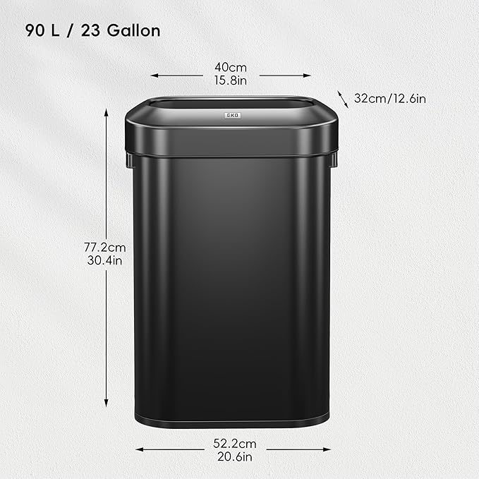 EKO Urban 24 Gallon/90 Liter Open Top Stainless Steel Slim Commercial Trash Can, Tall Kitchen Trash Bin, Heavy-Duty Commercial Grade Large Garbage Bin for Home, Office, Hotel, Restaurant, Matte Black