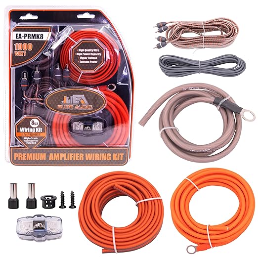 Elite Audio Premium 8 Gauge CCA Amplifier Installation Wiring Amp Kit, 1000 watt High-Power Wiring with Triple Shielded RCA’s and ANL Fuse Holder - EA-PRMK8 Amp Install Kit