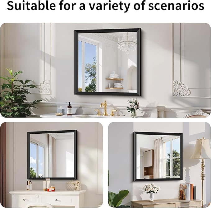 Black Bathroom Mirror 30 x 30 Inch Rectangle Wave Beveled for Wall Bathroom Vanity Mirror for Over Sink, Tempered Glass,for Entryway Hangs, Bathroom Living Room Horizontal or Vertical